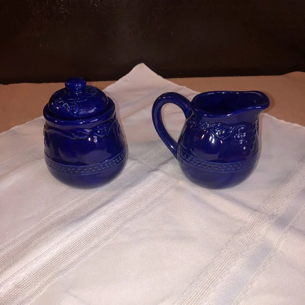 Cobalt Blue Ceramic Creamer Pitcher & Sugar Set featuring embossed fruit design - Picture 2 of 9